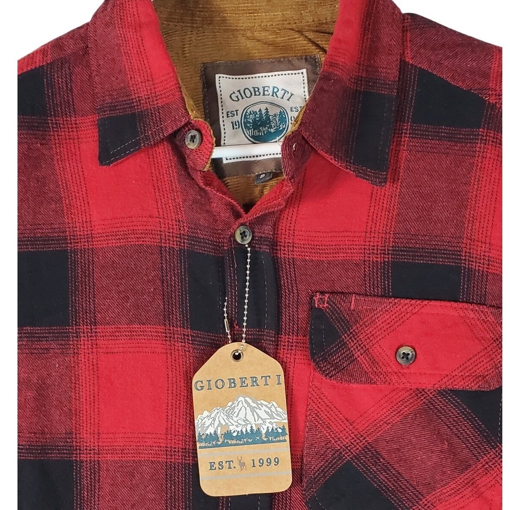 Gioberti Mens Red Black Buffalo Plaid Flannel Shirt Cotton Corduroy Trim LS-94FC